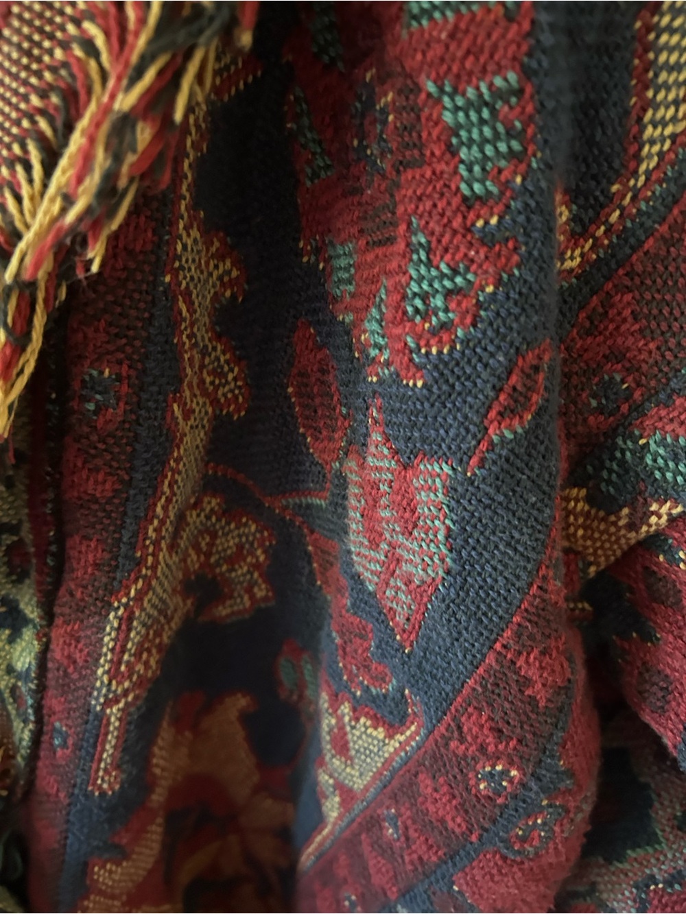 One of a Kind Handmade Women's Red & Navy Tapestry Fringed Cardigan Jacket - Picture 6 of 16